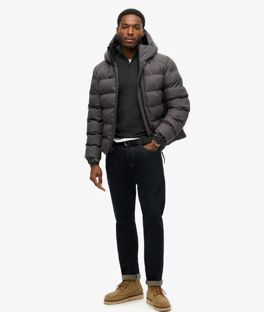 jaqueta Masculina Puffer Esportiva com Capuz em Tweed